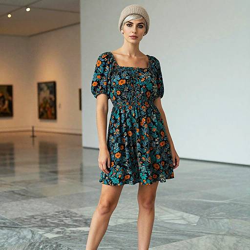 Stylish Woman in Floral Dress and Beanie at Art Gallery