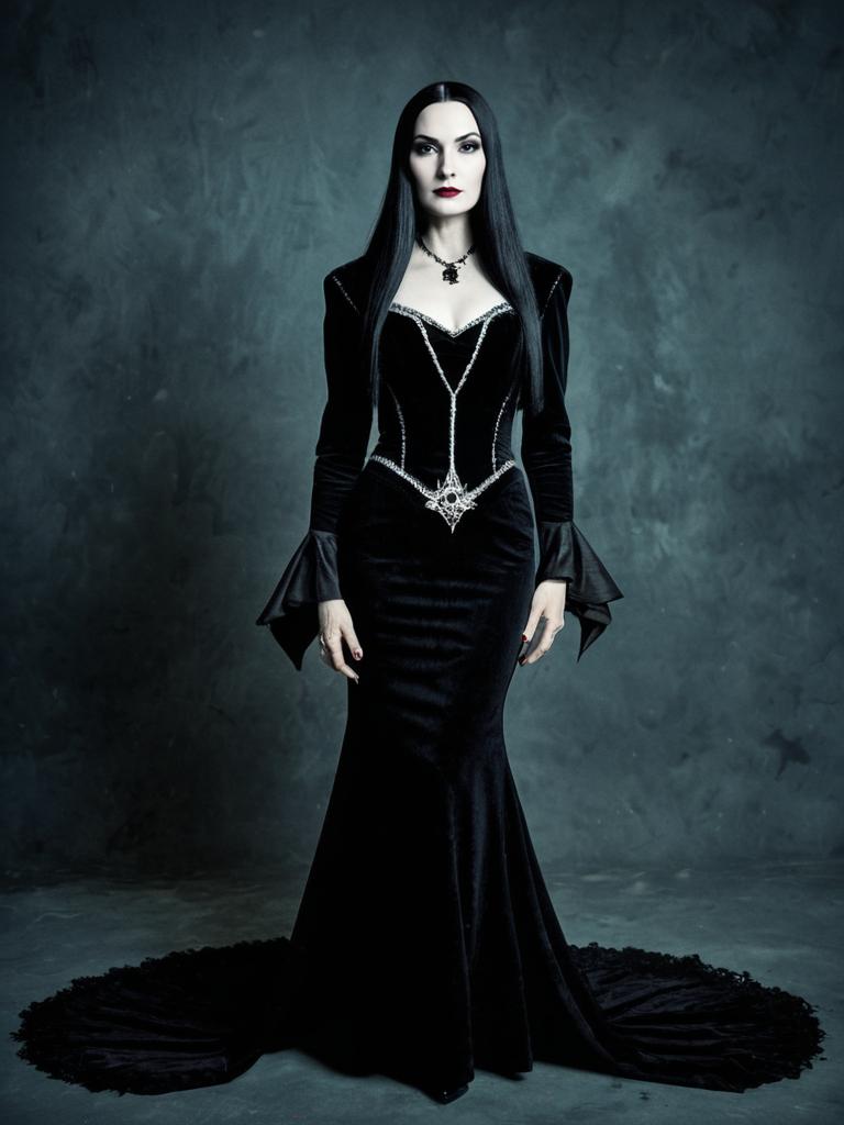 Woman in Morticia Addams Costume Full Body Cosplay Photo