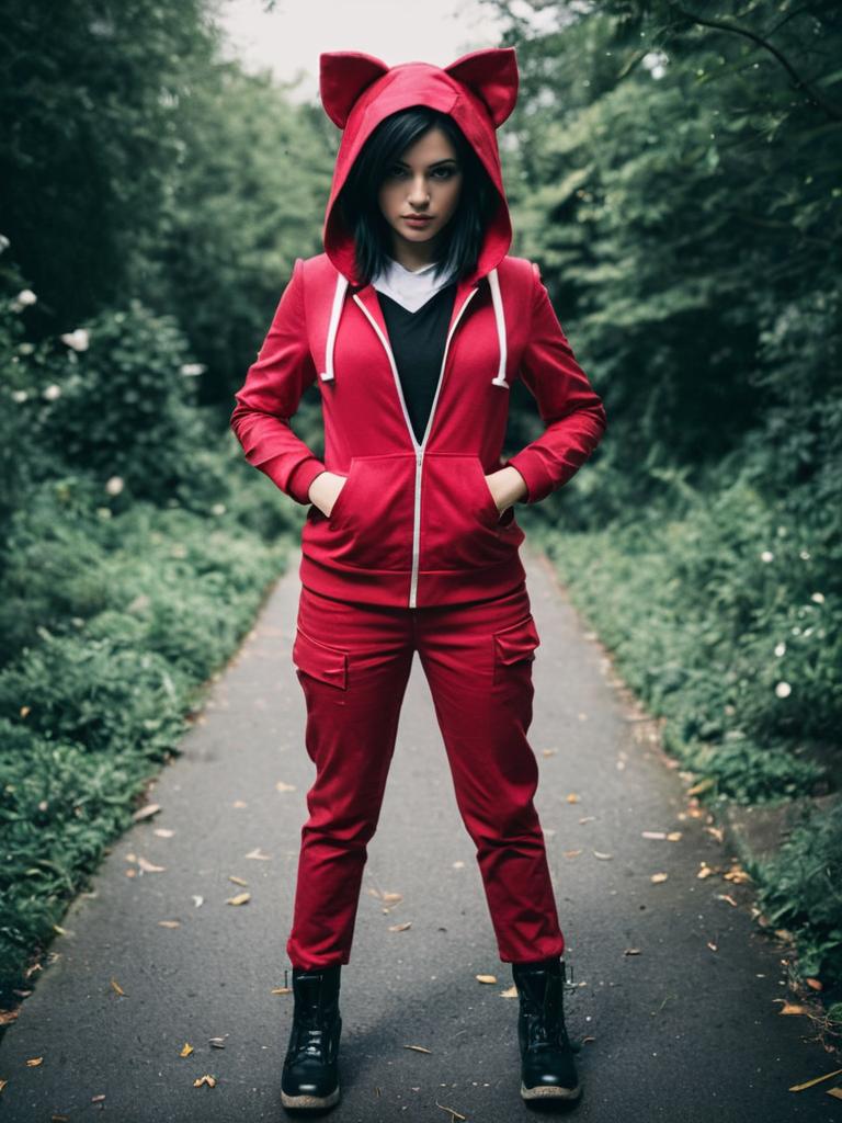 Woman Cosplaying Amy Rose in Red Hooded Costume Outdoors
