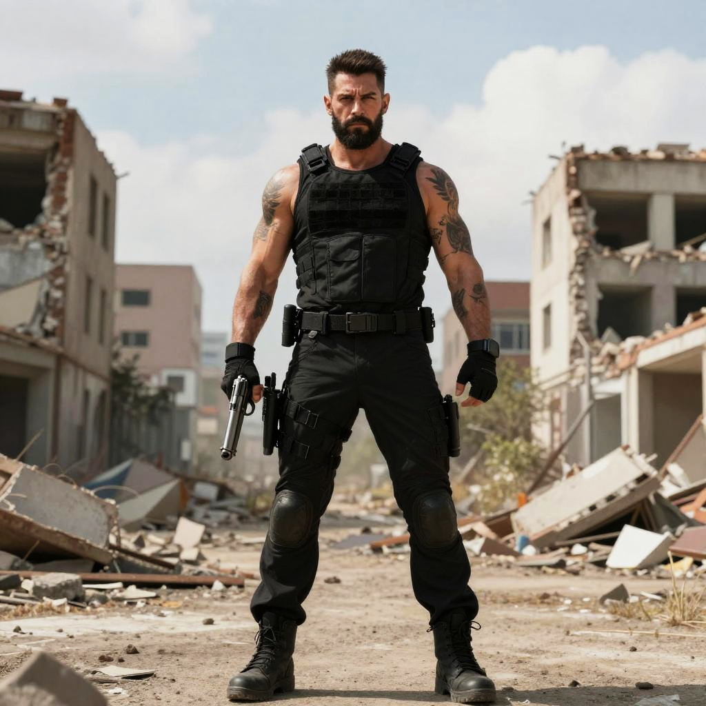 Tactical Man in Black Gear Standing in War-Torn Urban Area