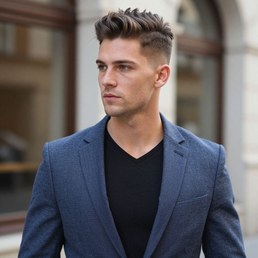 Young Man in Blue Blazer and Black Shirt with Modern Hairstyle Outdoors