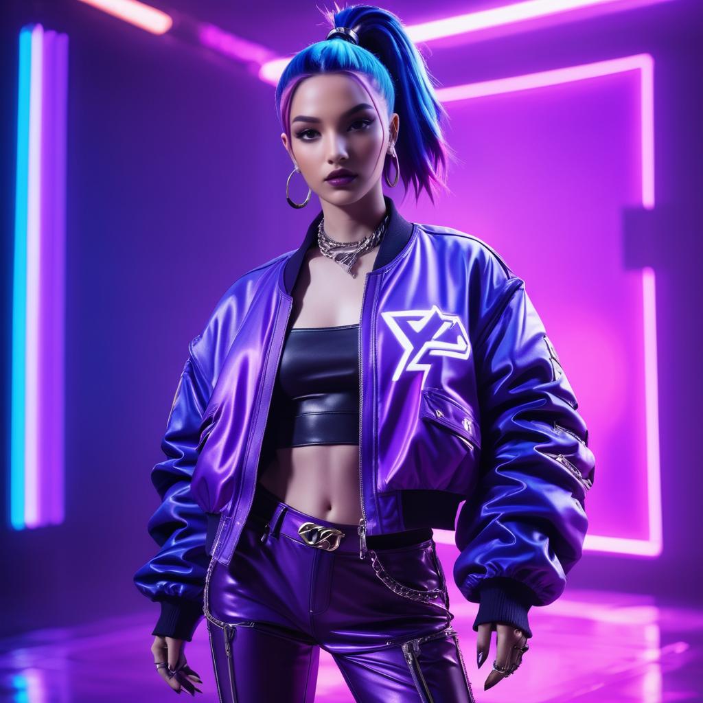 Woman in Purple Jacket in Futuristic Neon Setting