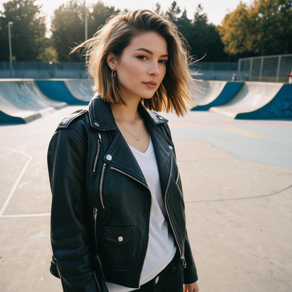 Young Woman in Leather Jacket at Skate Park