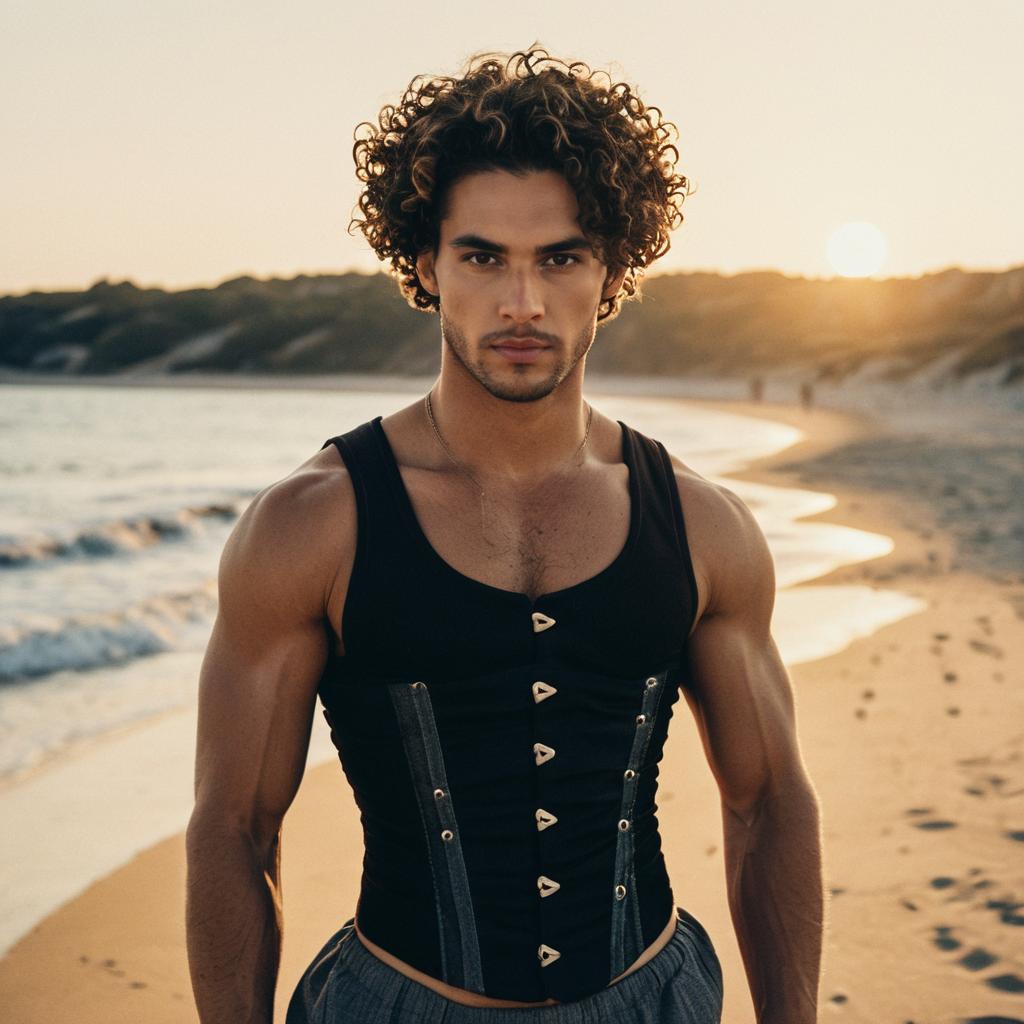 Confident Young Man on Beach at Sunset
