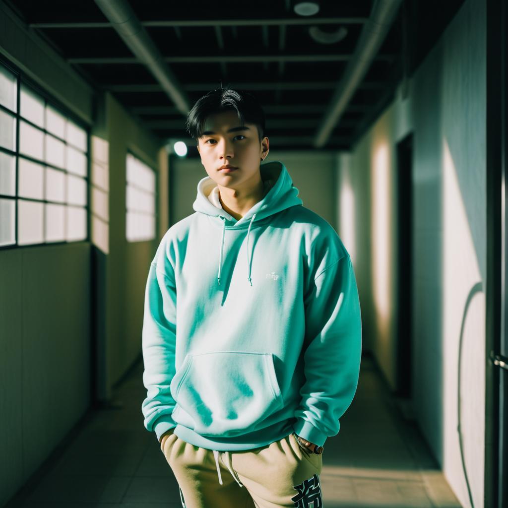 Young man in stylish teal hoodie in modern corridor