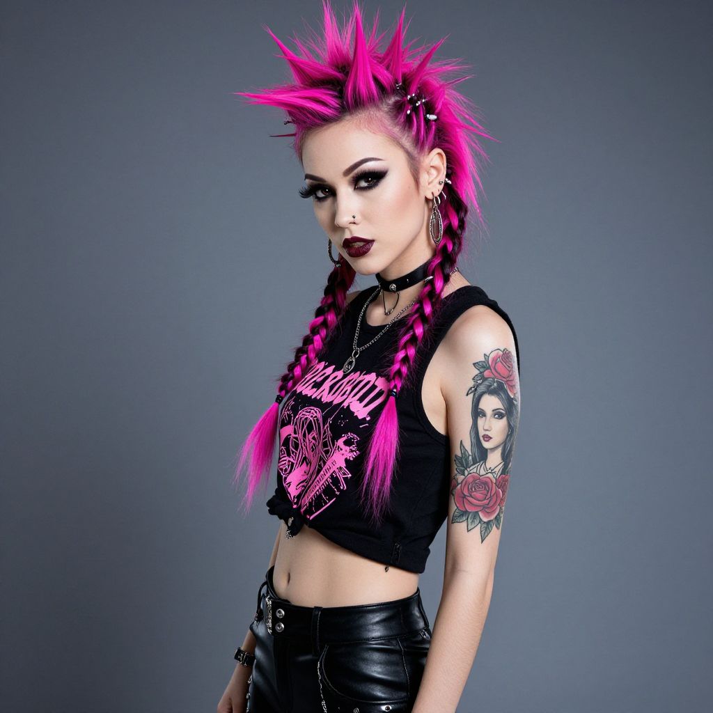 Punk Rock Woman with Pink Spiked Hair and Tattoo Sleeve in Edgy Fashion