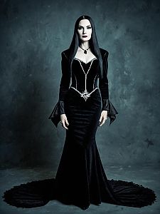 Woman in Morticia Addams Costume Full Body Cosplay Photo