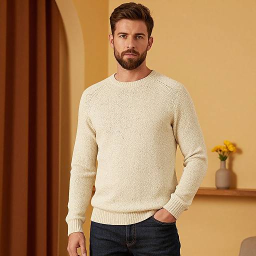Man Wearing Cream Knitted Sweater and Dark Jeans in Cozy Indoor Setting