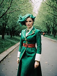 Woman in Green Vintage Coat with Green Hair on Tree-Lined Pathway