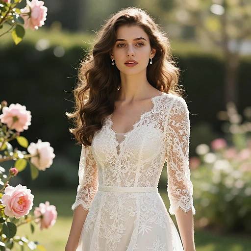 Elegant Woman in White Lace Wedding Dress in Rose Garden