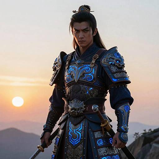 Futuristic Asian Warrior in Glowing Blue Armor at Sunset