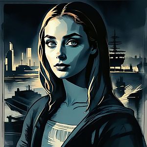 Stylized Digital Portrait of a Woman in Industrial Harbor