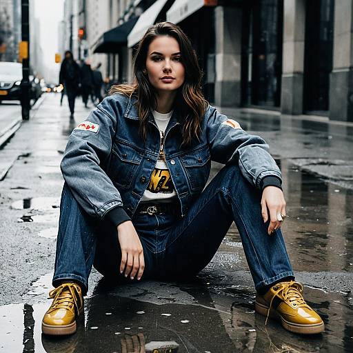 Young Woman in Denim Jacket and Yellow Sneakers Sitting on Urban Street