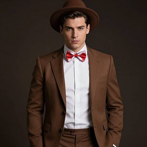 Young Man in Brown Suit and Red Bow Tie with Fedora Hat