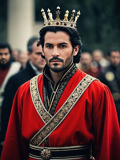 Man in Red Royal Costume with Golden Crown and Embroidered Robe