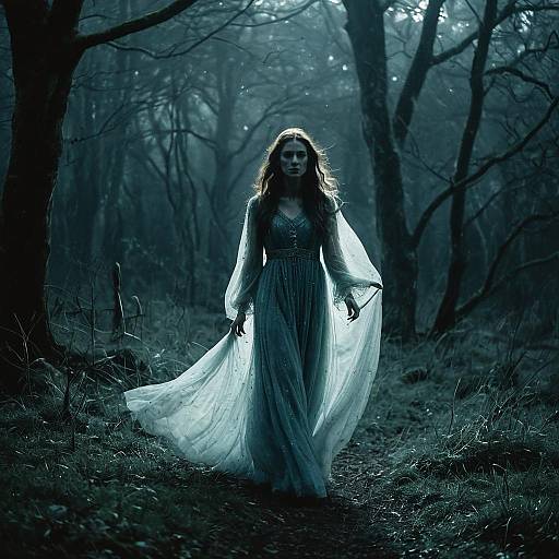 Ethereal Woman in Flowing Gown Walking Through Misty Dark Forest