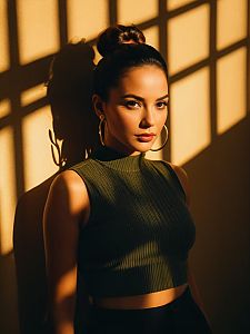 Contemporary Street Style Woman in Olive Green Ribbed Crop Top with Hoop Earrings