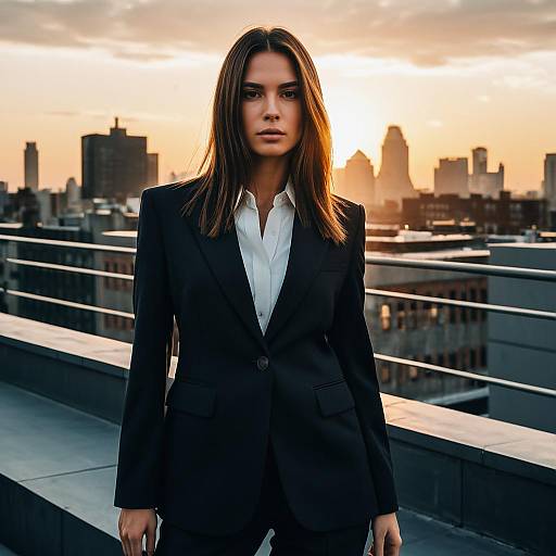 Confident Woman in Black Suit on Rooftop at Sunset with City Skyline