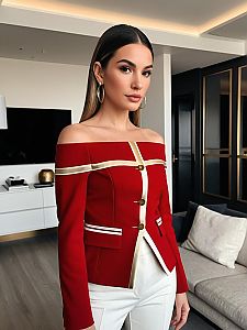 Elegant Woman Wearing Off-Shoulder Red Blazer with Gold Trim Indoors