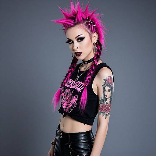 Punk Rock Woman with Pink Spiked Hair and Tattoo Sleeve in Edgy Fashion