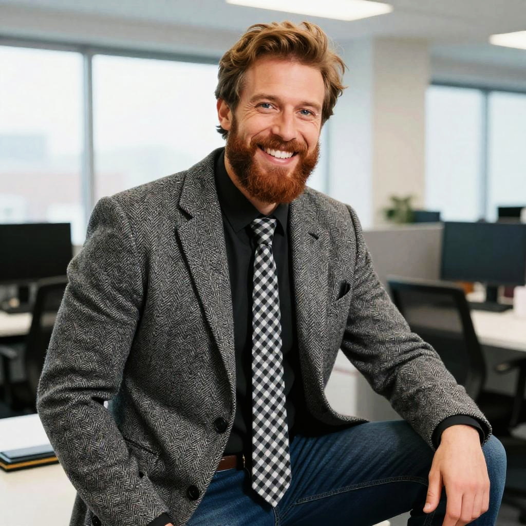 Confident Young Man in Herringbone Blazer and Checkered Tie in Modern Office