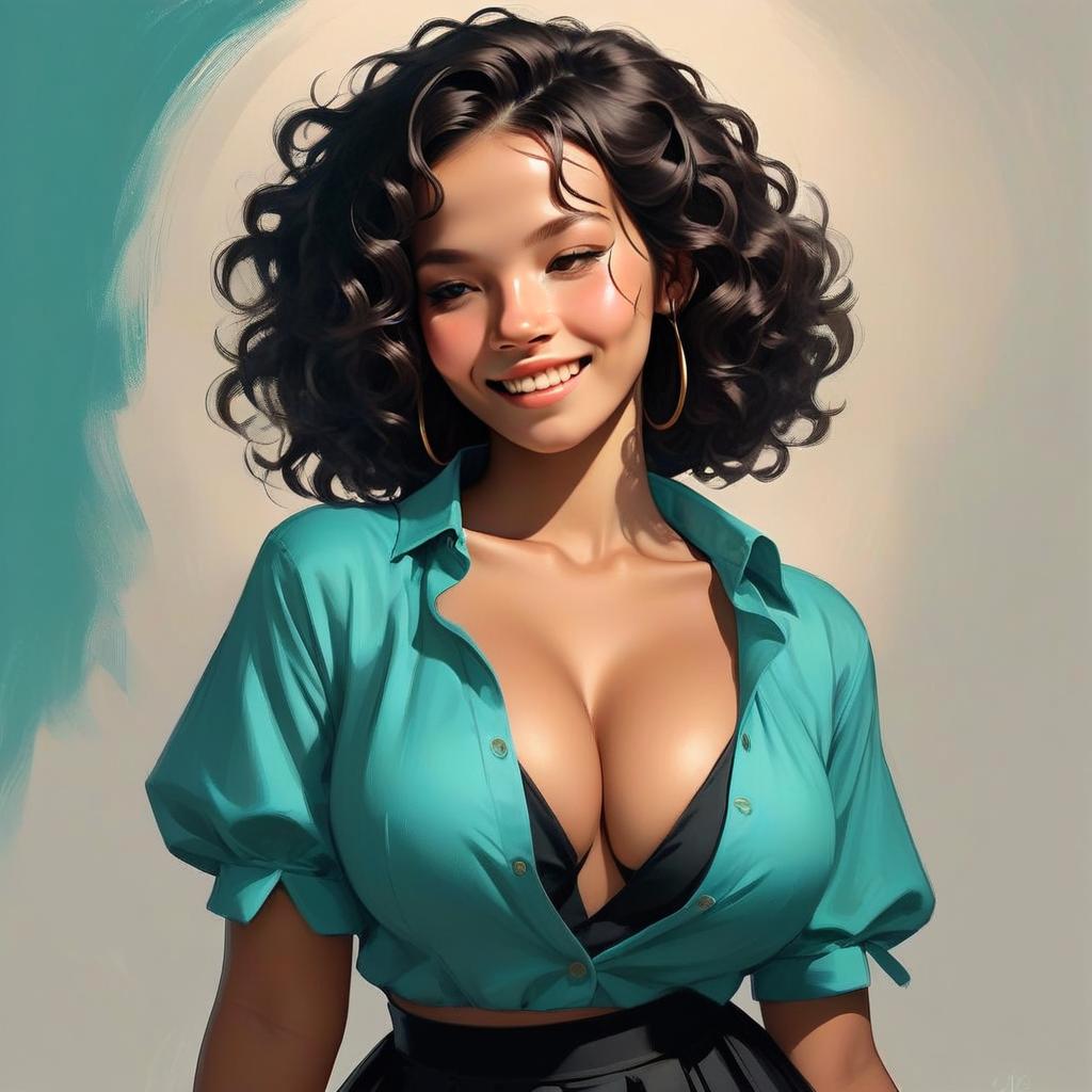 Smiling Woman with Curly Hair in Teal Shirt