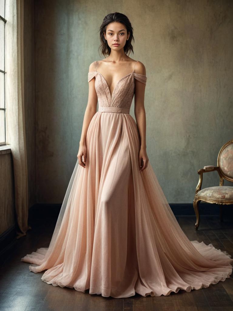 Elegant Woman in Off-Shoulder Gown