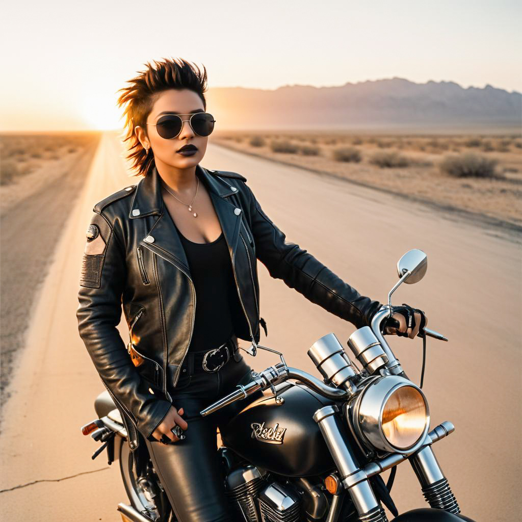 Confident Woman on Motorcycle at Sunset