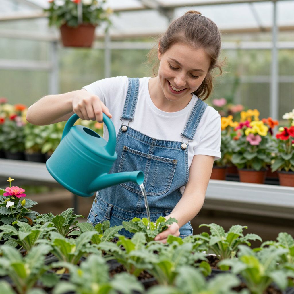 Young Woman Watering Plants in Greenhouse with Blue Watering Can