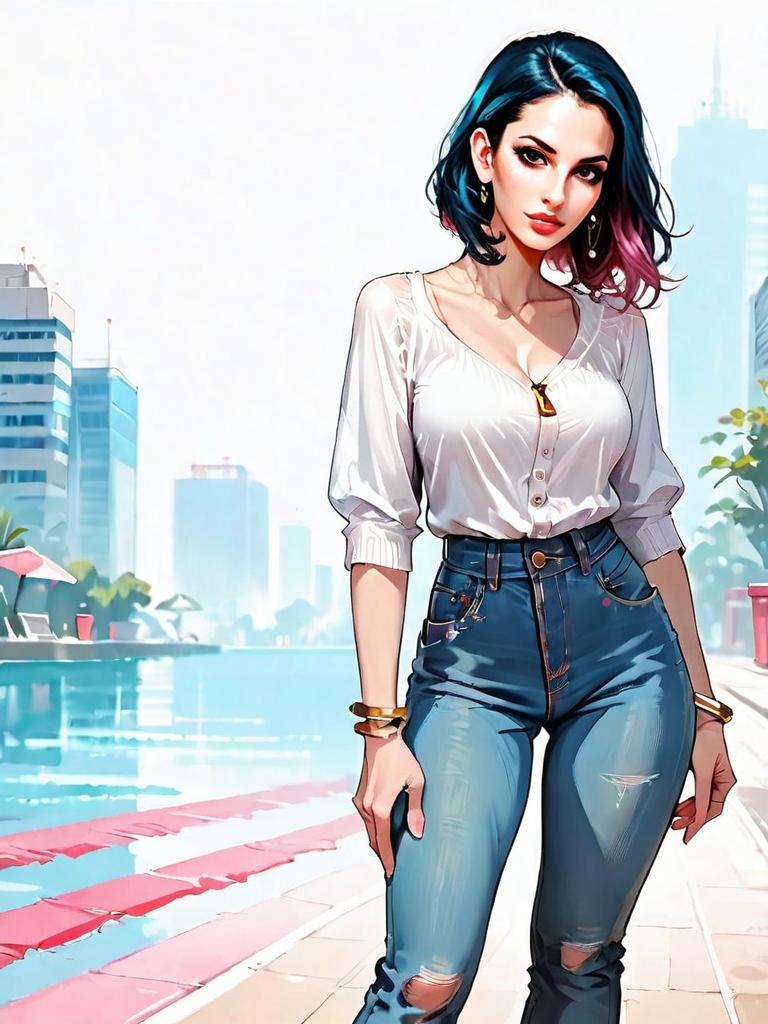 Realistic Comic Style Woman by Poolside in Urban Setting