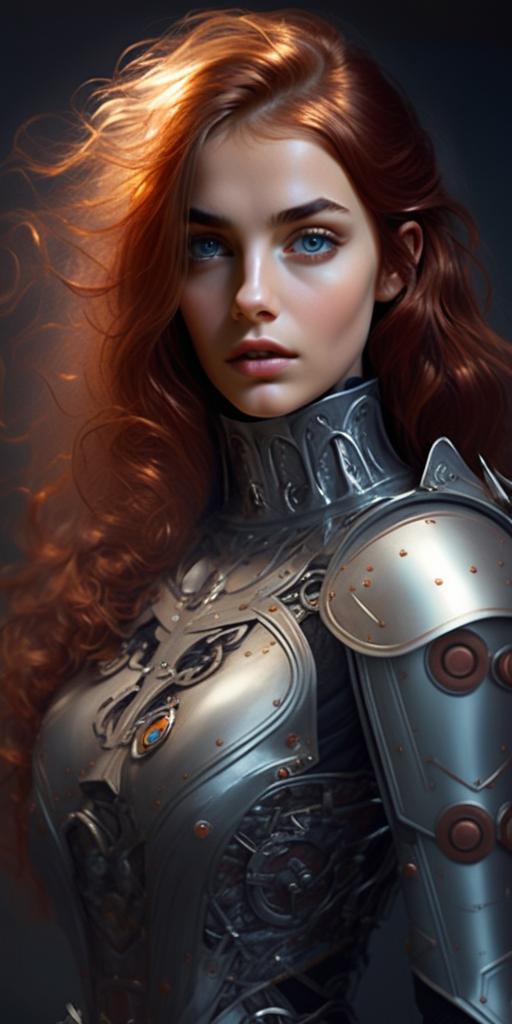 Woman in Metallic Armor with Red Hair