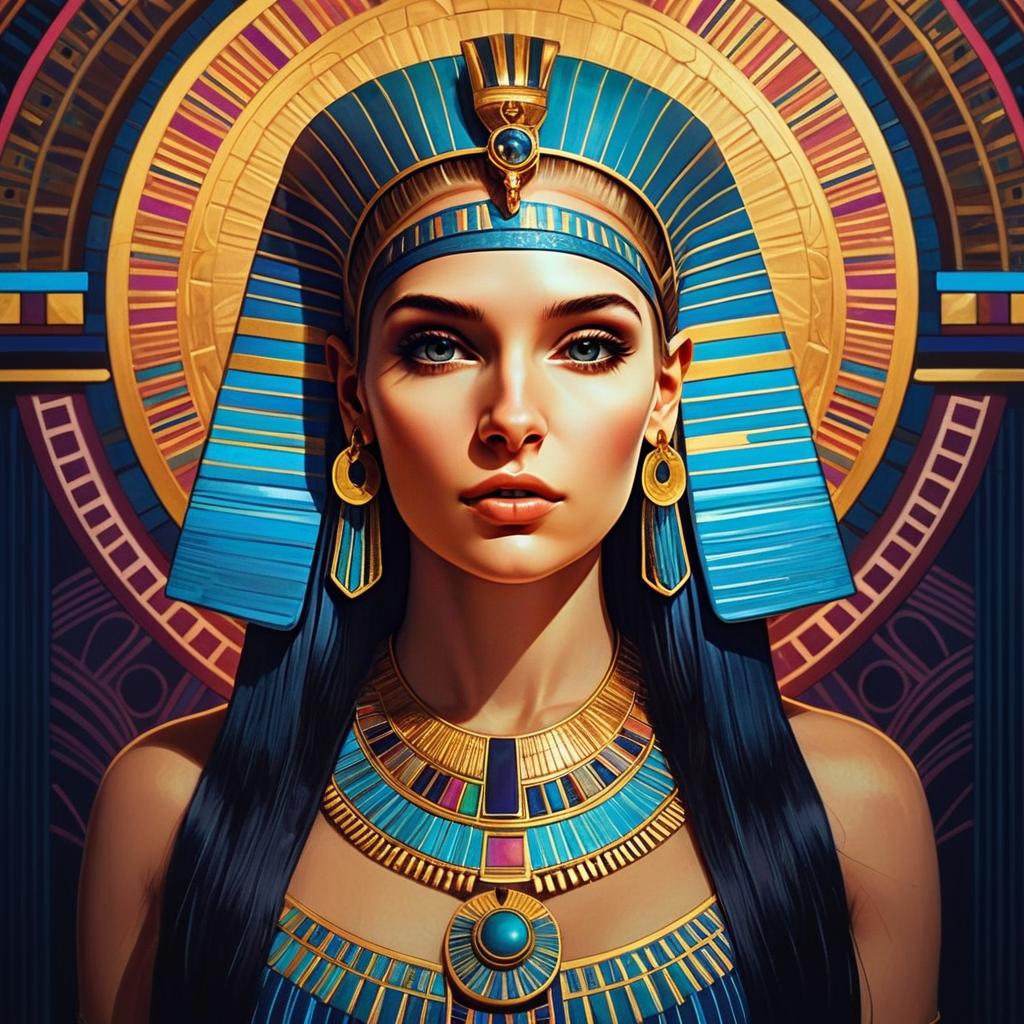 Ancient Egyptian Queen Portrait Digital Illustration with Blue and Gold Headdress