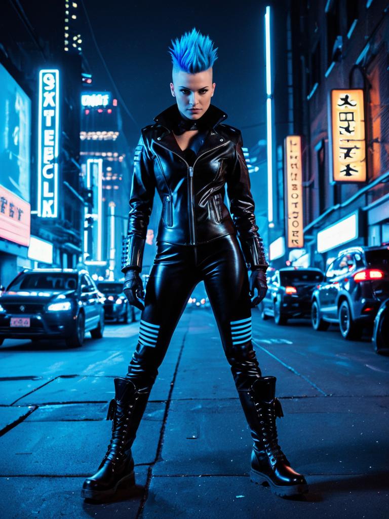 Cyberpunk Woman with Blue Spiked Hair in Neon City Street at Night