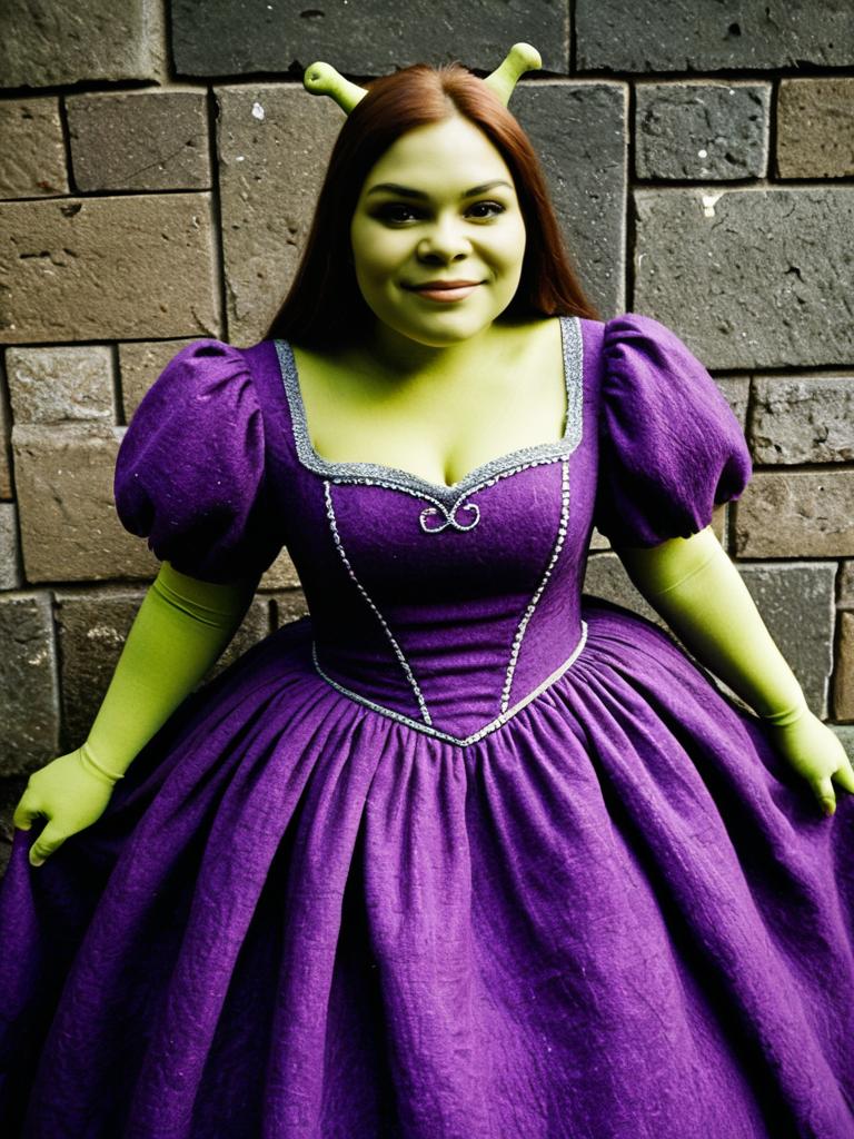 Woman in Purple Dress Shrek Costume with Green Makeup and Antennae