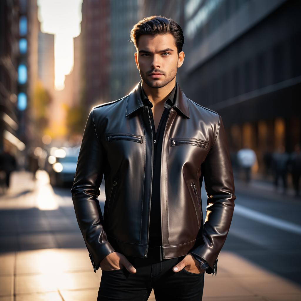 Stylish Young Man in Brown Leather Jacket on City Street