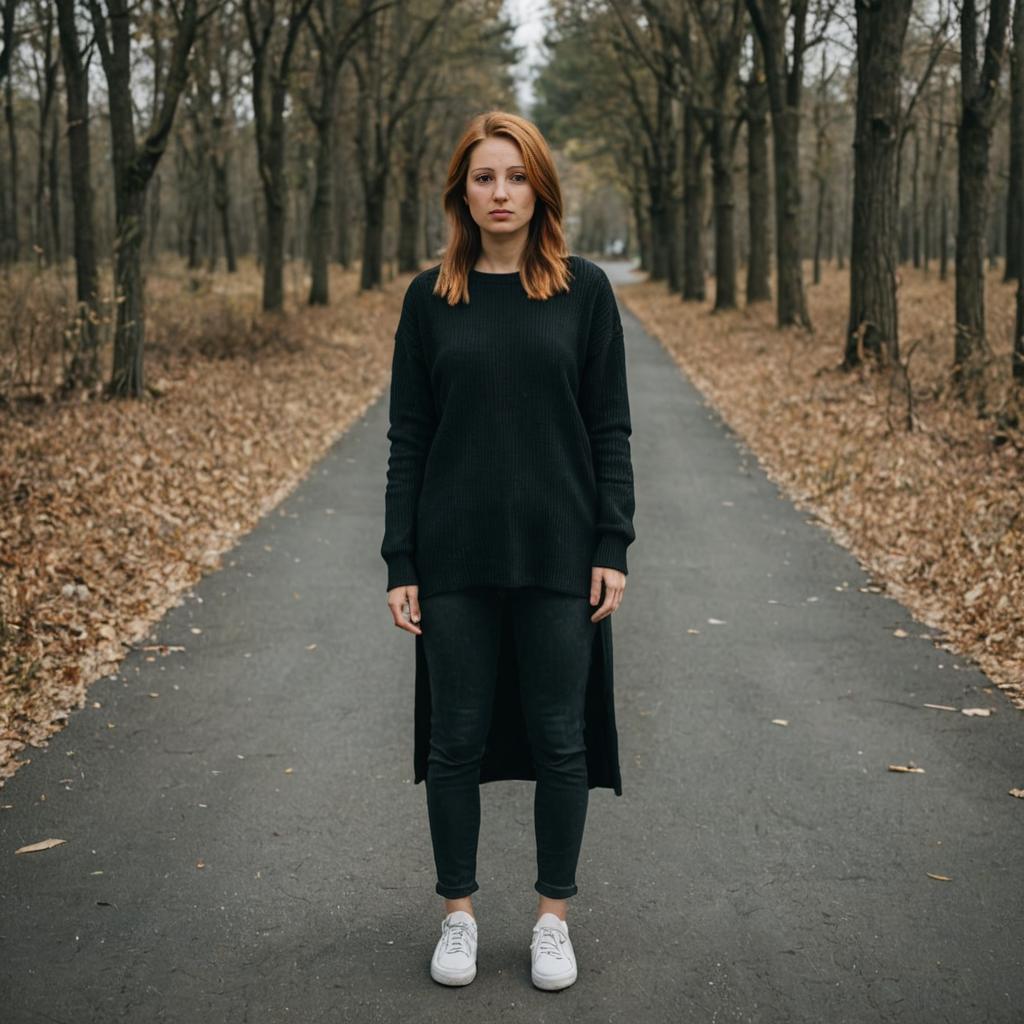 Contemplative Woman on Autumn Path