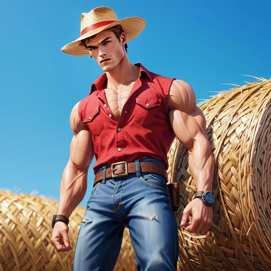 Muscular Man in Straw Hat Standing by Hay Bales Digital Illustration