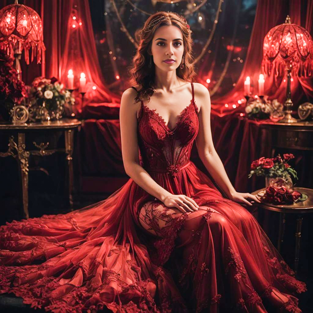 Elegant Woman in Red Gown in Luxurious Room Elegant Woman in Red Gown in Luxurious Room