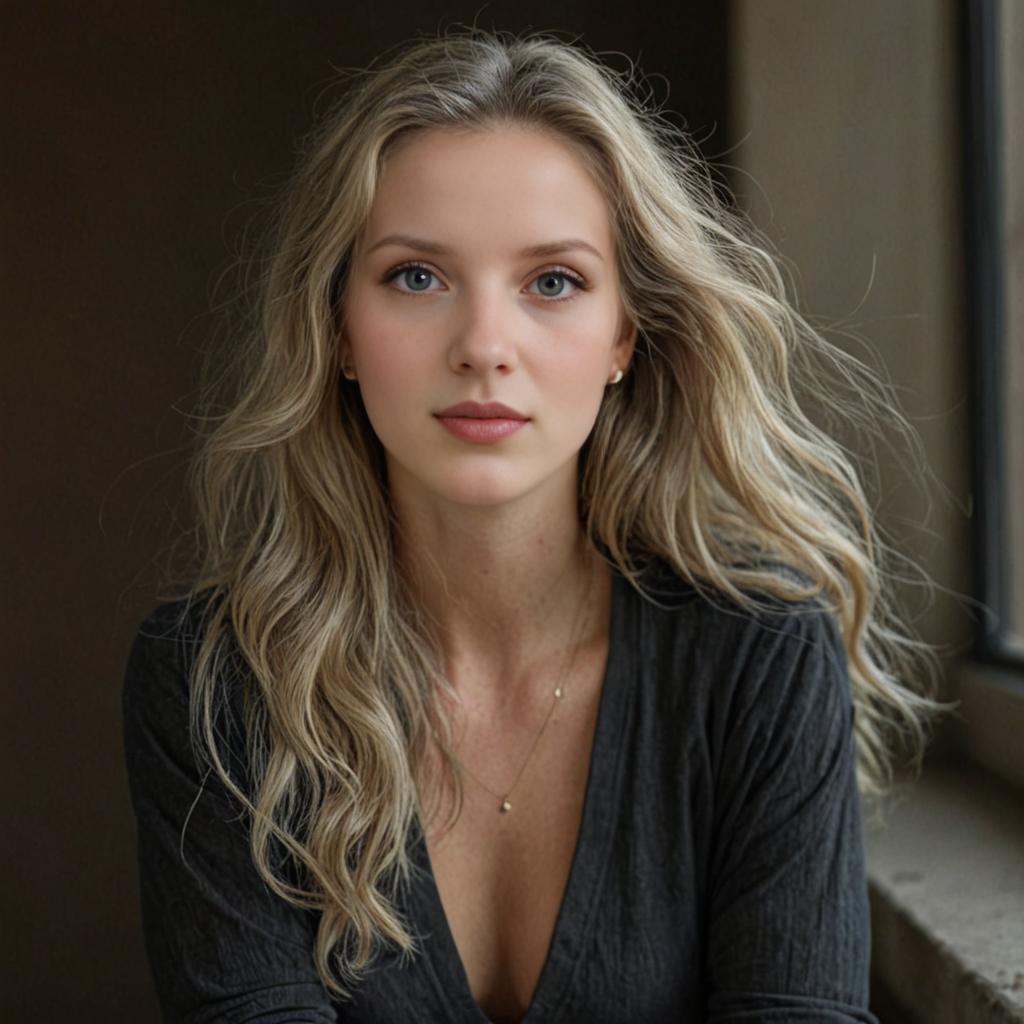 Woman with Long Blonde Hair in V-Neck Top