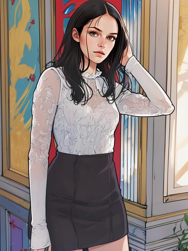 Stylish Young Woman in Lace Blouse and Black Skirt Digital Illustration