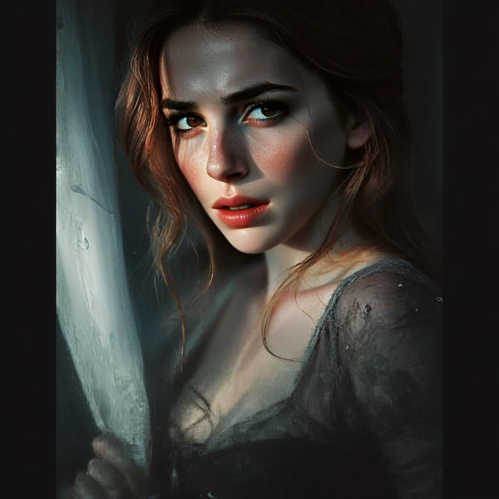 Close-Up Portrait of Woman in Sheer Black Lace Top with Soft Natural Lighting