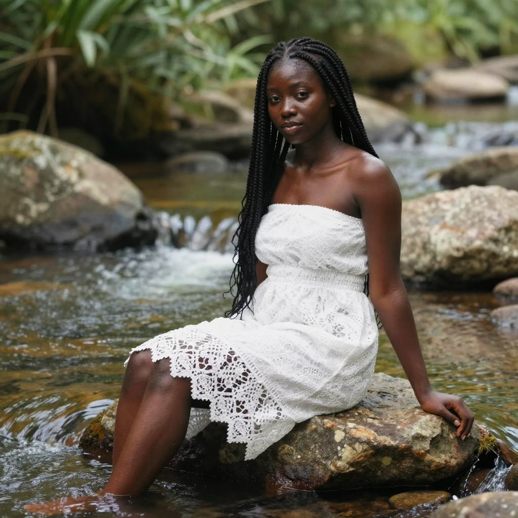 Young Woman Sitting on Rock in Creek Wearing White Lace Dress