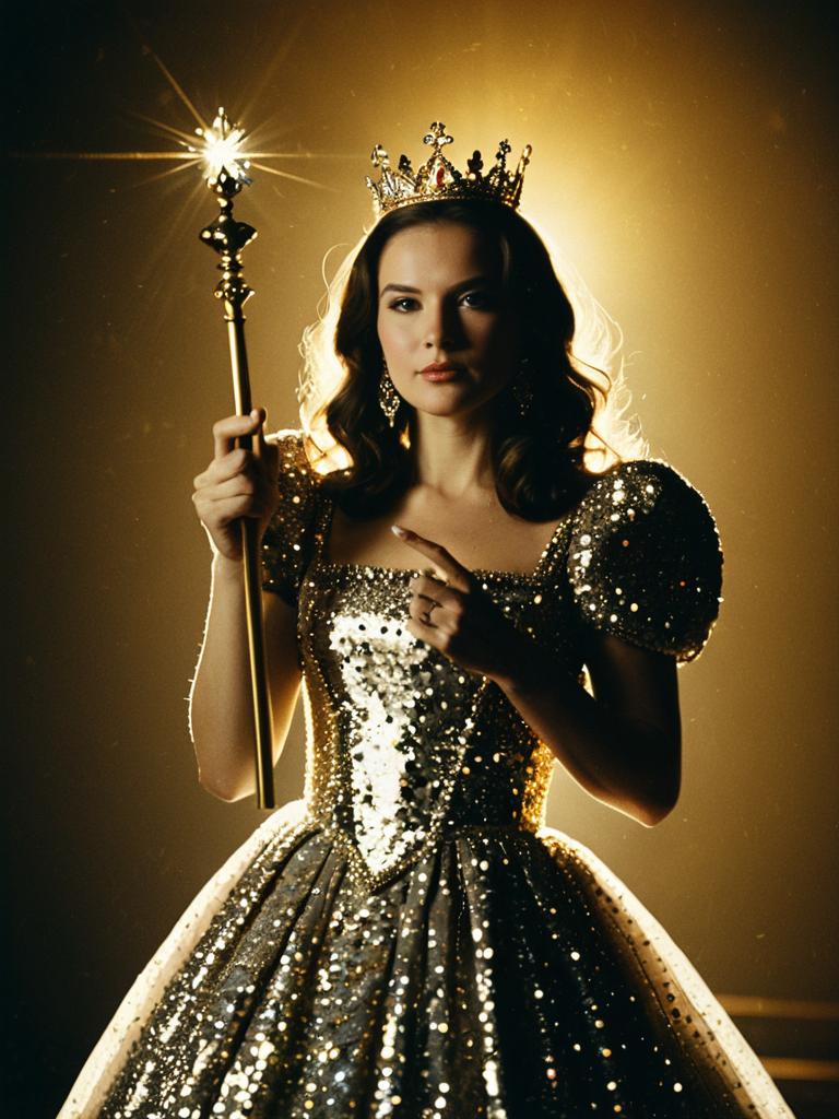 Regal Woman in Golden Sequined Gown Wearing Crown and Holding Scepter