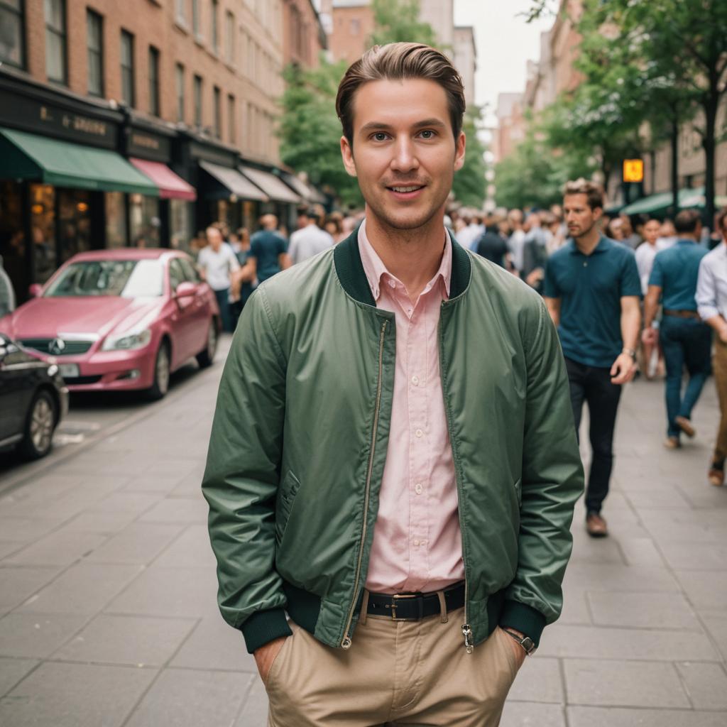 Confident man in green jacket on busy street