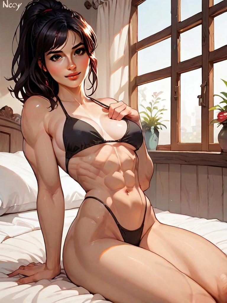 Anime Style Muscular Woman in Black Bikini Sitting on Bed