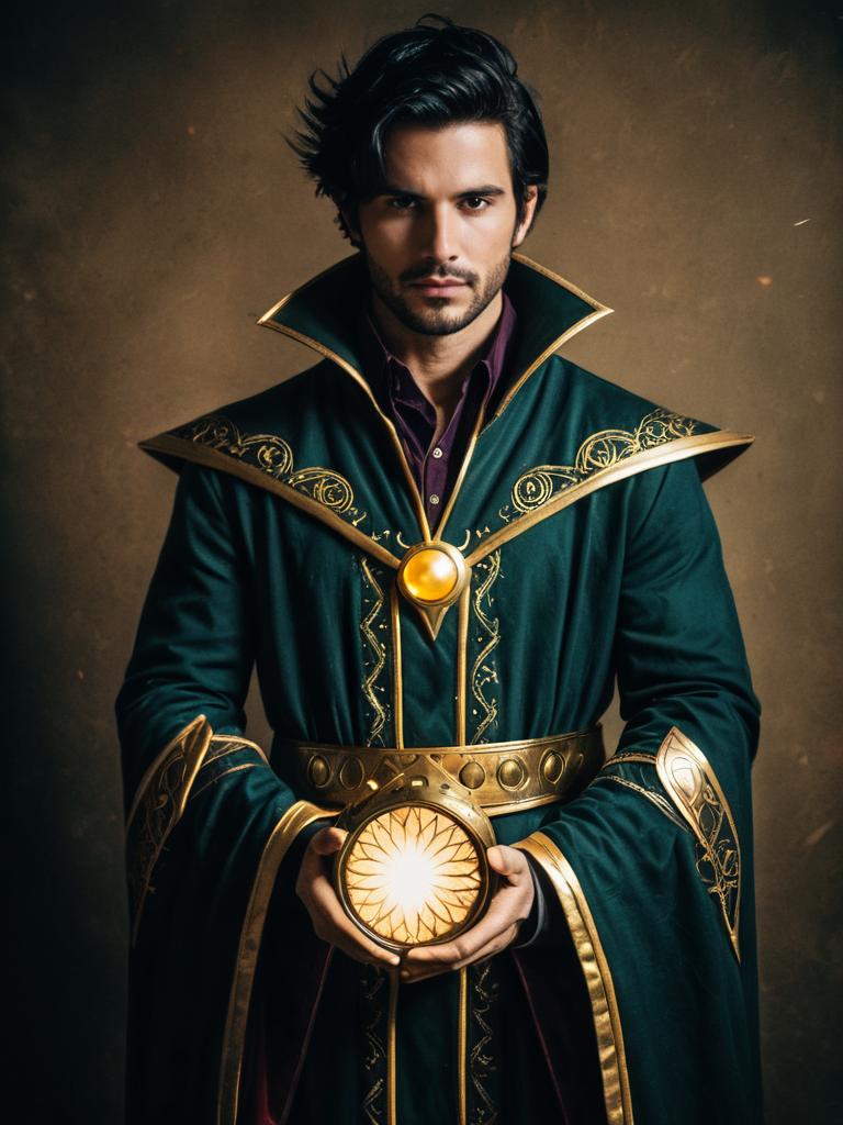 Man Cosplay Wearing Realistic Charmcaster Costume with Glowing Orb