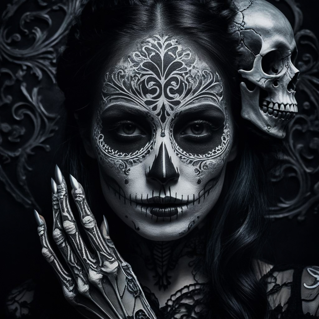 Woman with Sugar Skull Makeup and Gothic Background