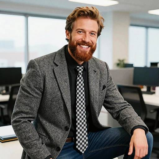 Confident Young Man in Herringbone Blazer and Checkered Tie in Modern Office