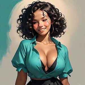 Smiling Woman with Curly Hair in Teal Shirt