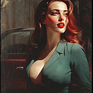 Red-Haired Woman in Teal Blazer Digital Portrait with Vintage Car Background